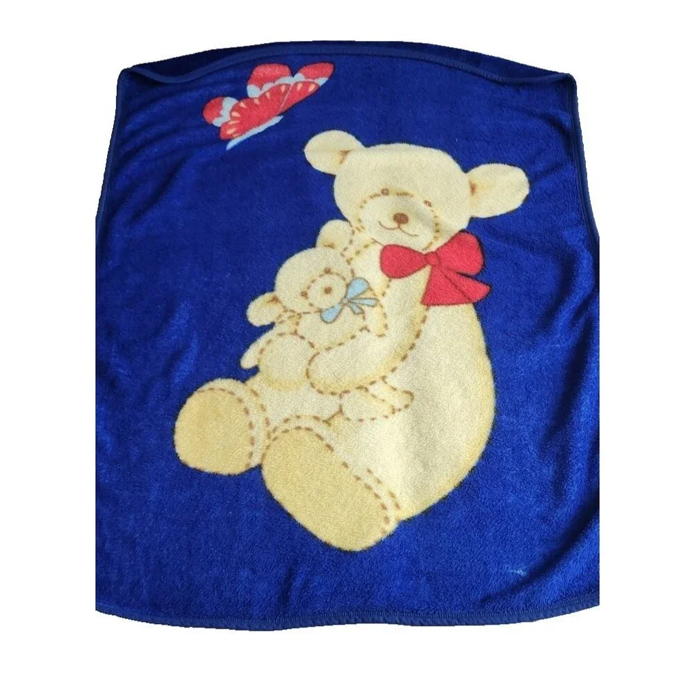 Vintage Baby Blanket Teddy Bear‎ & Butterfly Mink Plush Blue 40' x 55' RARE